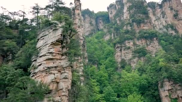 Luft nær The Rock Pillars i Zhangjiajie Mountains Med tropisk skog – stockvideo