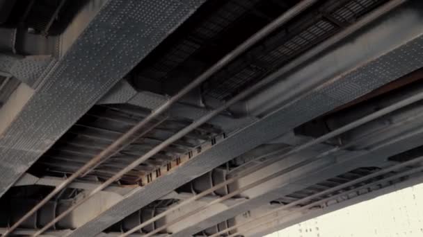 Metal Structure Of Truss Under Bridge With Studs And Support Columns — Stock Video