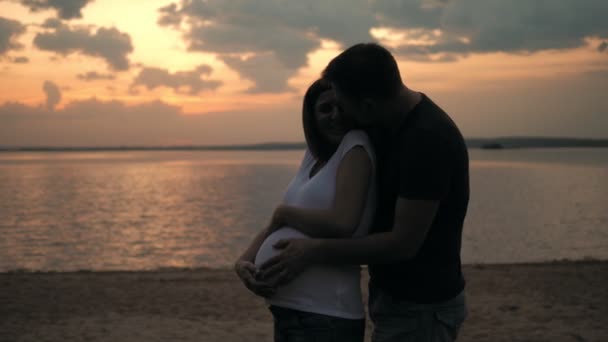 A férj átöleli szeretett terhes feleségét, aki a parton áll napnyugtakor. — Stock videók