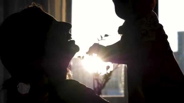 Силуэт матери, целующей своего ребенка, держа его на фоне заката — стоковое видео