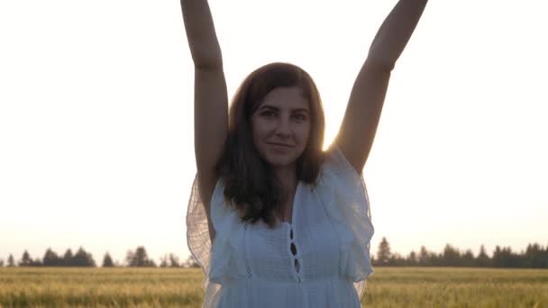 Mujer elegante levanta lentamente sus manos hacia arriba y hacia abajo en el campo contra la puesta del sol — Vídeos de Stock