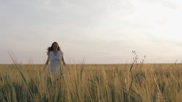 Felice donna in abito bianco in esecuzione sul campo rurale al tramonto alzando le braccia lato — Video Stock