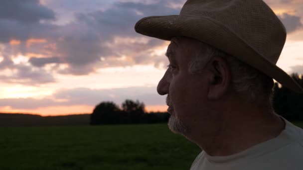 Anziano caucasico uomo contadino stand in rurale campo girando la testa a tramonto — Video Stock