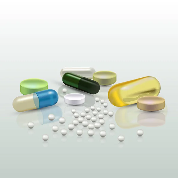Pílulas 3D realistas. Farmácia, antibiótico, vitaminas, comprimido, cápsula. Medicina. Ilustração vetorial das Tablets e Drogas . — Vetor de Stock