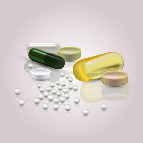 Realistic 3d pills. Pharmacy, antibiotic, vitamins, tablet, capsule. Medicine. Vector illustration of the Tablets and Drugs. — Stockvector