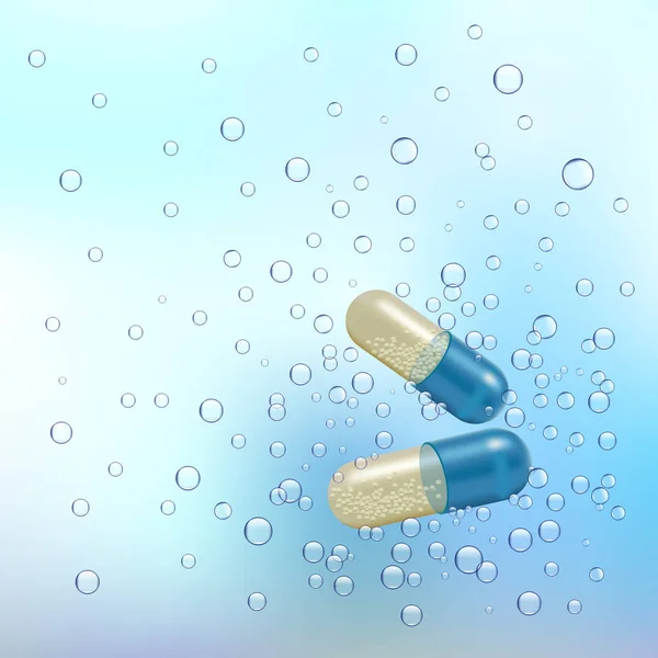 Realistische 3D-pillen in het water met de bubbels. Apotheek antibiotica, vitaminen, tablet, capsule. Geneeskunde. Vectorillustratie van de tabletten en Drugs. — Stockvector