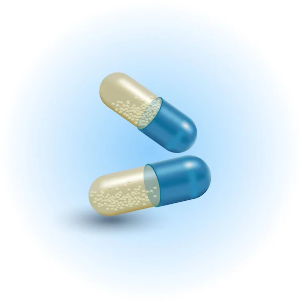 Realistisk 3d piller. Apotek, antibiotika, vitaminer, tablett, kapsel. Medicin. Vektorillustration av tabletter och droger. — Stock vektor