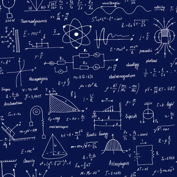 物理演算式。シームレスなテクスチャ。式と方程式を使った学校の黒板. — ストックベクタ