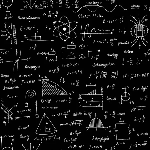 Formules de physique. Texture sans couture. Tableau noir scolaire avec les formules et les équations . — Image vectorielle