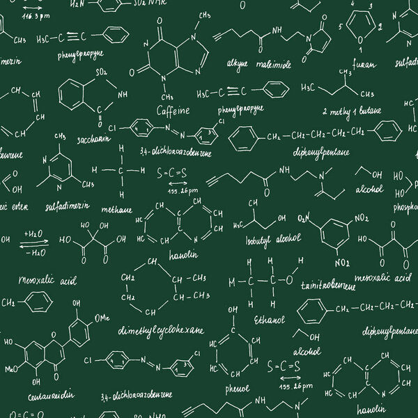 Organic compounds. Seamless texture. Sketch of the school blackboard with the chemestry organic compound. Organic chemistry.