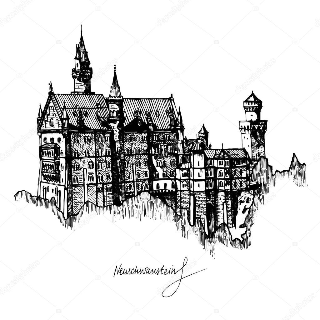 Neuschwanstein Castle sketch. Hand-painted fairy tale castle in Bavaria, Germany.