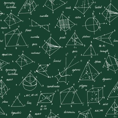 Geometri çizimi. Dikişsiz doku. Eskizler ve geometrik elemanları ile Okul kara tahta.