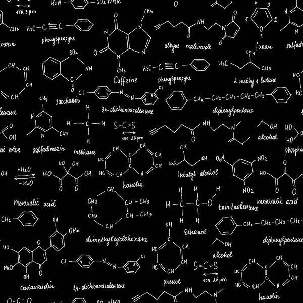 Organische Verbindungen. nahtlose Textur. Skizze der Schultafel mit der chemisch-organischen Verbindung. Organische Chemie. — Stockvektor