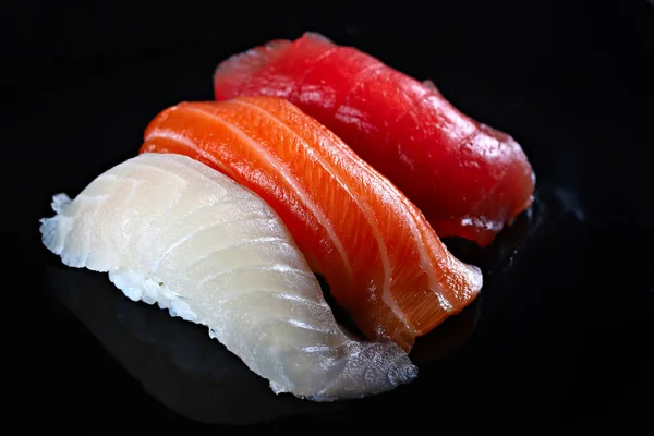 Sushi Black Background Close Shallow Focus — Stock Photo, Image