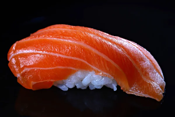 Salmon Sushi Black Background Close Shallow Focus — Stock Photo, Image