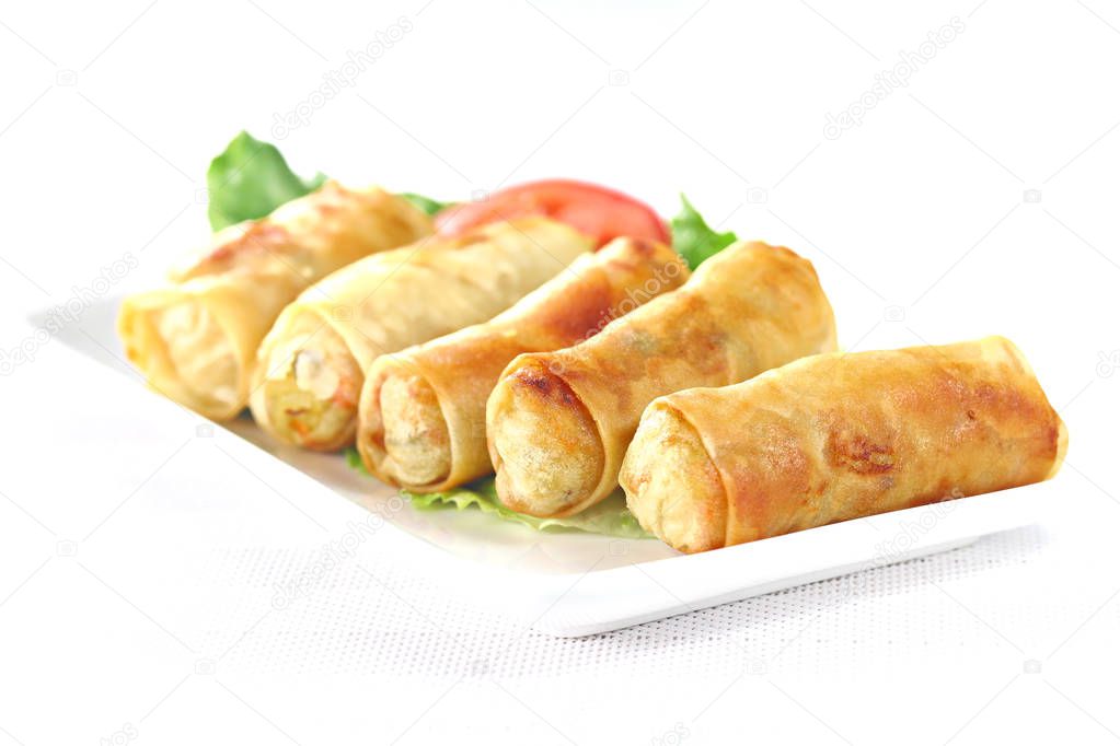 Springrolls isolated on the white plate, shallow focus