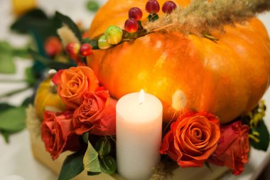 çiçek ve meyveleri balkabağı içinde parlak sonbahar düzenlenmesi