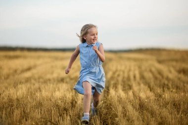 Küçük bir sarışın kız yaz aylarında bir buğday tarlasında koşuyor.