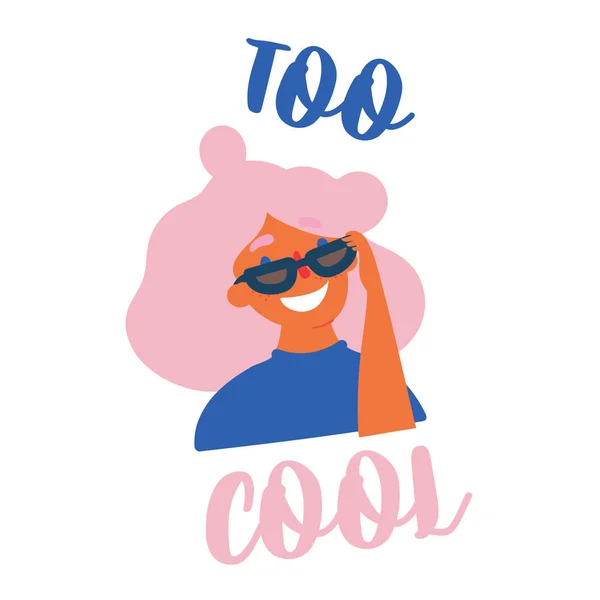 Young teen girl in sunglasses. Too cool lettering