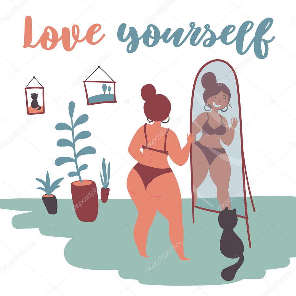Happy plus size girl and cat looks in the mirror