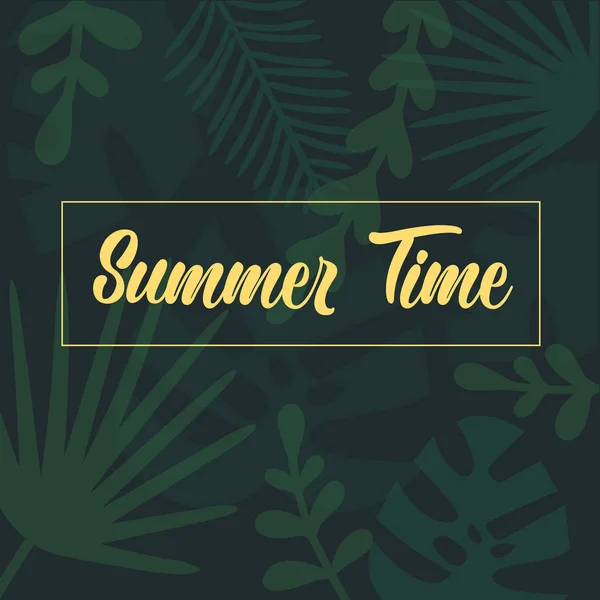 Summer time lettering text on palm tropical leaves — Stock Vector
