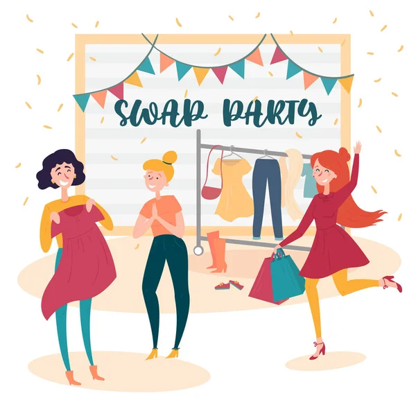 Three young girls at fashion swap party. Exchange — Stock Vector