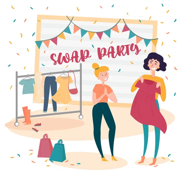 Two young girls at fashion swap party. Exchange — Stock Vector