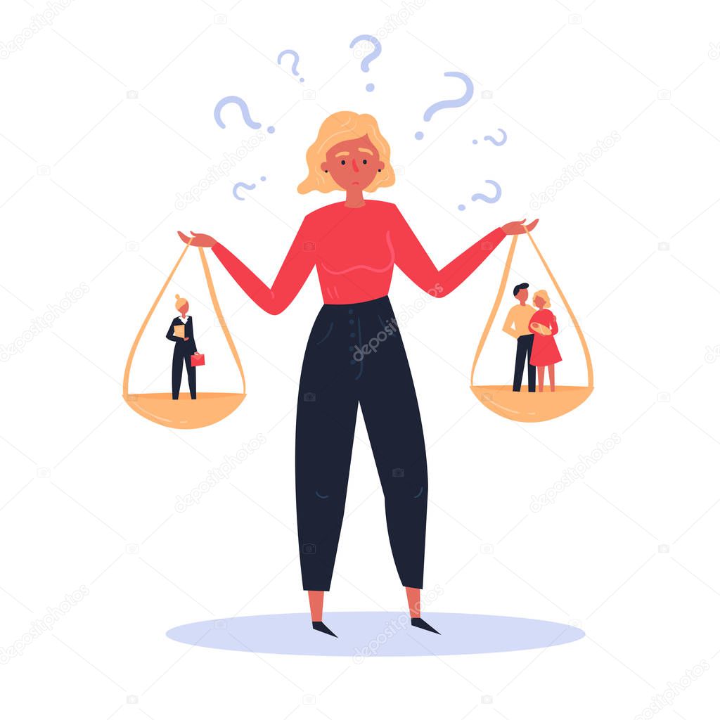 Woman with scales, concept of career family choice