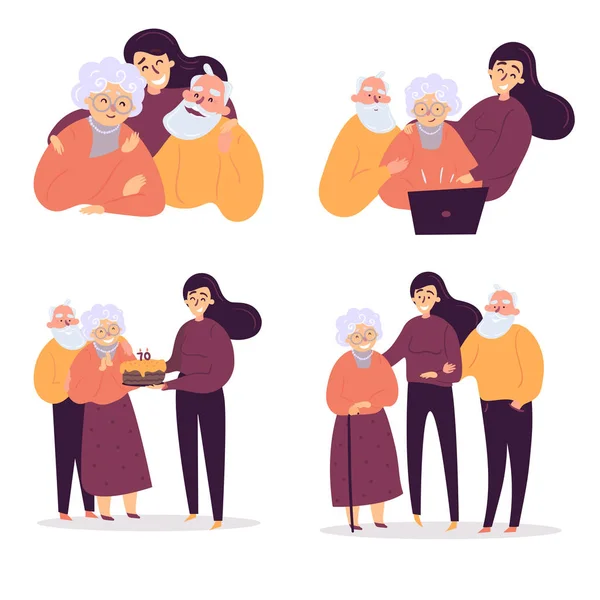 Dotter hjälper sina gamla föräldrar. Födelsedag, vård. — Stock vektor