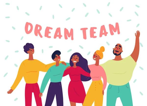 Dream Team tekst. Groep jongeren, teamwork. — Stockvector