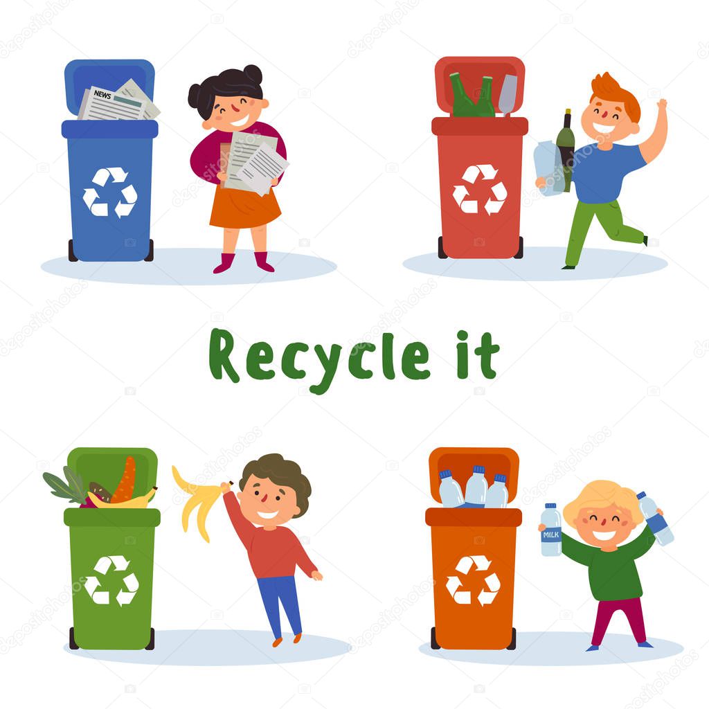 Children gathering plastic, paper, glass bottles and food waste for recycling in cans. Recycle it text. Ecological, reuse, reduce and go green concept. Vector flat illustration