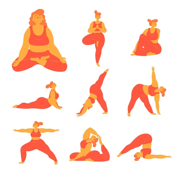 Body pozitív plusz méretű nőt csinál jóga pózok. — Stock Vector