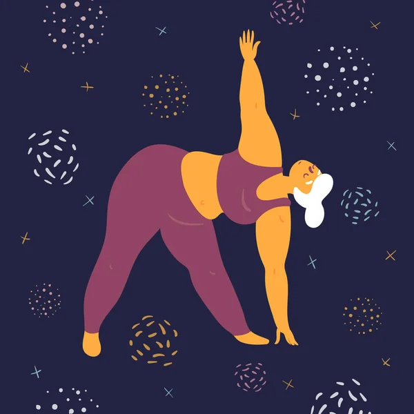 Body positive woman is stretching in the space — Stock Vector