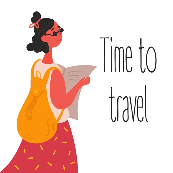 旅行时间。旅游时尚女孩与地图 — 图库矢量图片