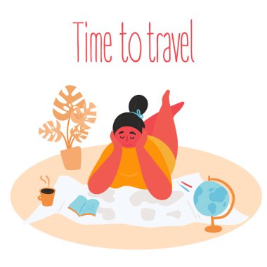 Tme to travel. Woman planning trip with paper map vector Tme to travel. Woman planning trip with paper map vector