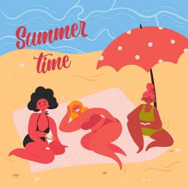 Women on yellow sand beach taking summer sunbath