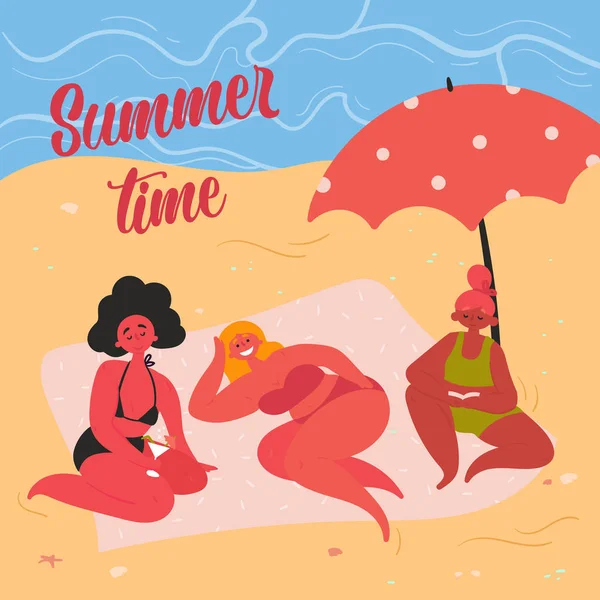 Women on yellow sand beach taking summer sunbath — Stock vektor