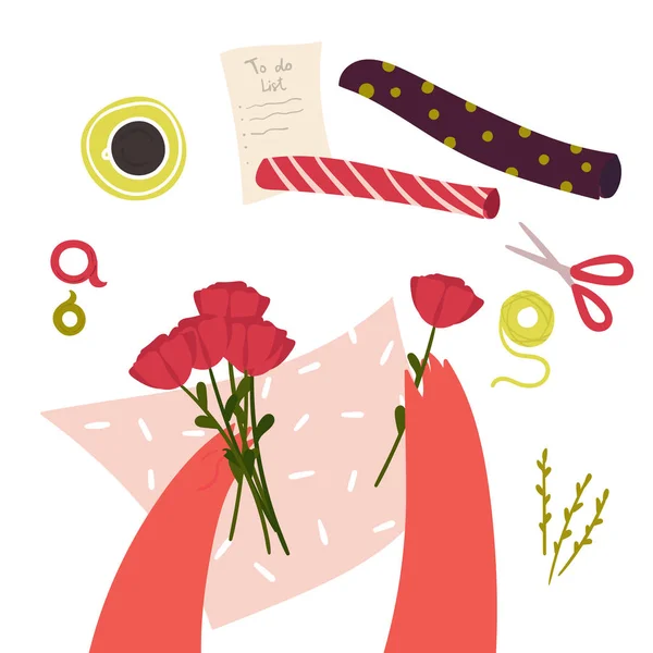 Floristics Hobby and Work. Tabela com Espuma e Ferramentas com Cesta. Arranjo de buquê floral que faz o processo . —  Vetores de Stock