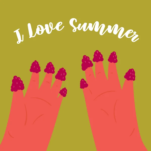 मुझे गर्मियों से प्यार है। लड़कियों हाथ उंगलियों पर रास्पबेरी के साथ — स्टॉक वेक्टर
