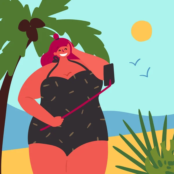 Body positive plus size girl is taking selfie — Stock Vector