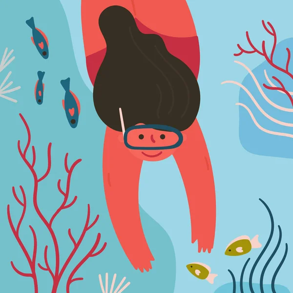 Молодая девушка в водолазной маске исследует подводную жизнь — стоковый вектор