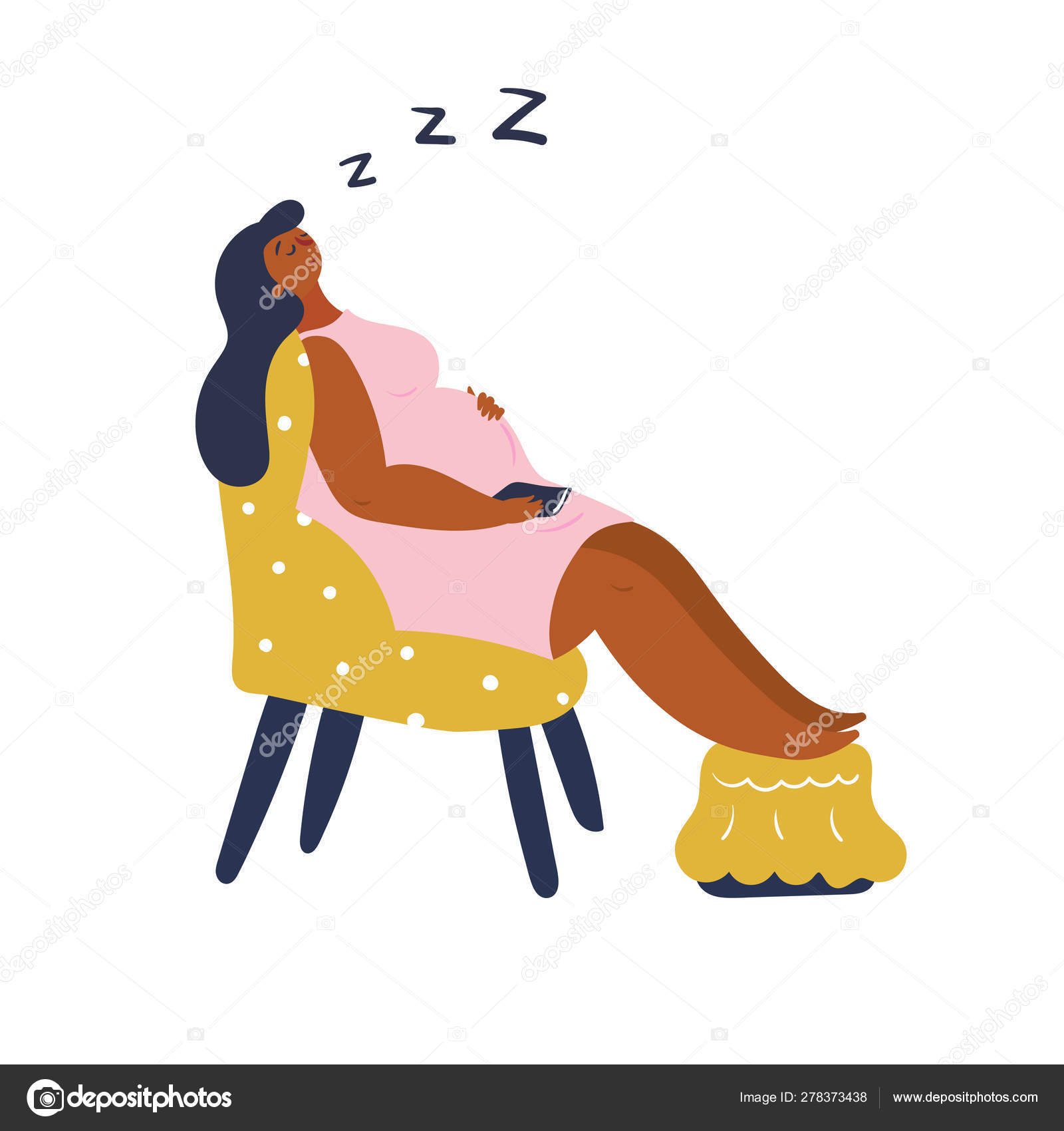Sleeping pregnant woman is resting on the yellow chair Stock