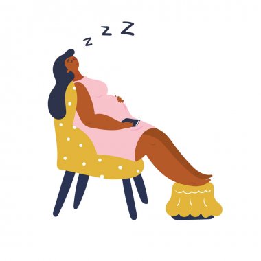 Sleeping pregnant woman is resting on the yellow chair clipart