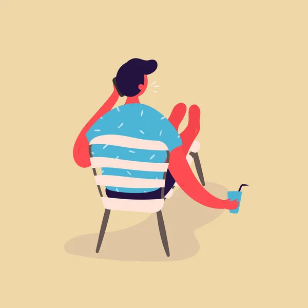 Un homme se repose sur une chaise longue avec de l'eau et téléphone — Image vectorielle