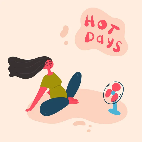 Genç bir kadın sıcak yaz gününde bir fan altında soğur — Stok Vektör