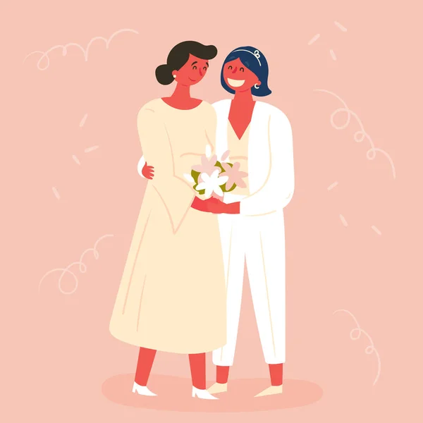 Le jour du mariage, deux mariées. Mariage de couple lesbienne — Image vectorielle