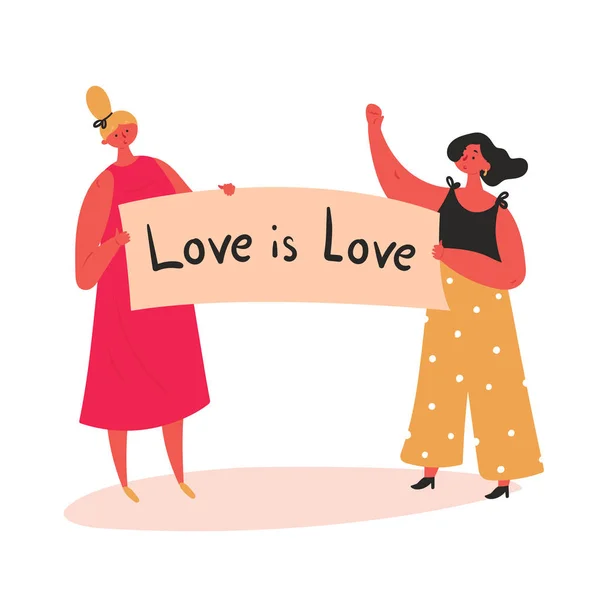 El amor es amor. Dos lesbianas gay niñas con bandera — Vector de stock