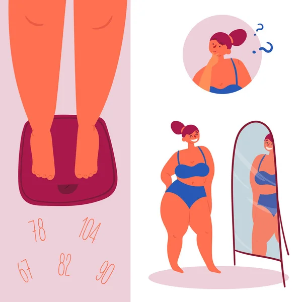 Confianza en uno mismo. Además de tamaño, mujer gorda en escamas — Vector de stock