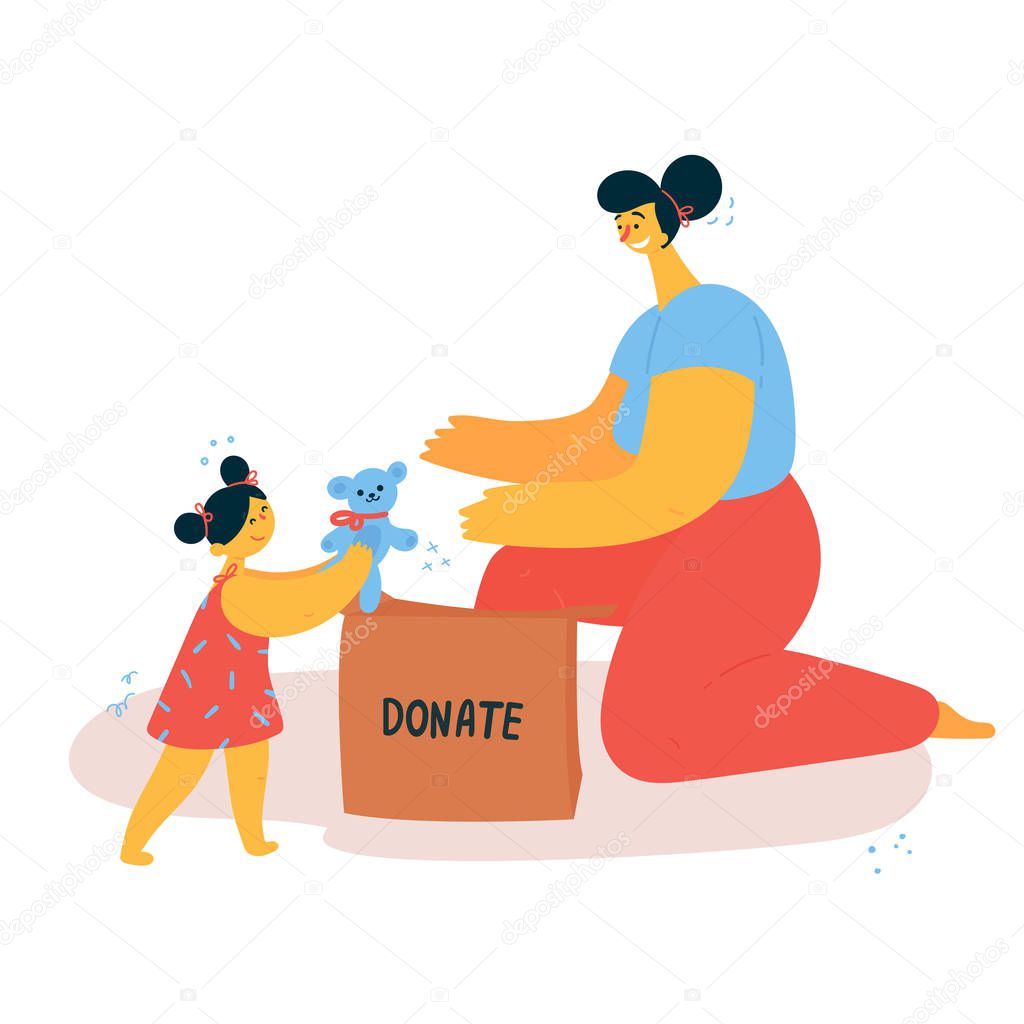 Young woman and child sorts and donate things