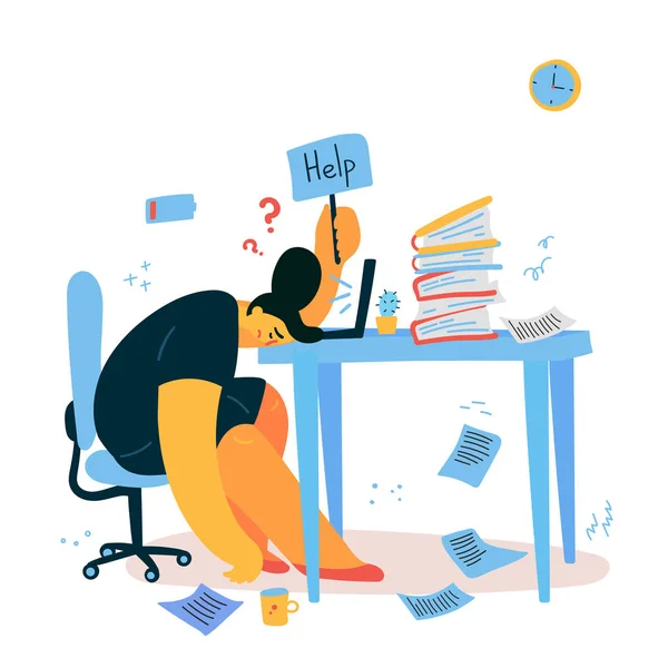 Emotional burnout woman sitting at her desk — Stock Vector